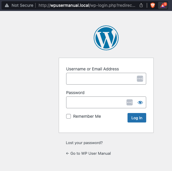 The empty login page of a WordPress website